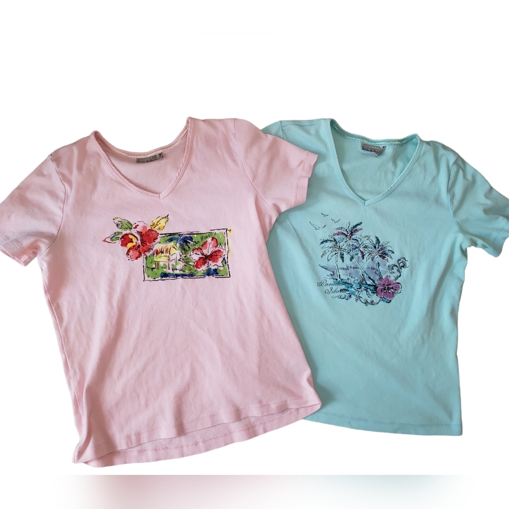 Nicki Nicole Miller 2 Hawaii Island print tshirt medium pink blue 100% Cotton